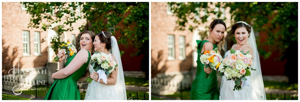 bride does silly poses with her girl friends