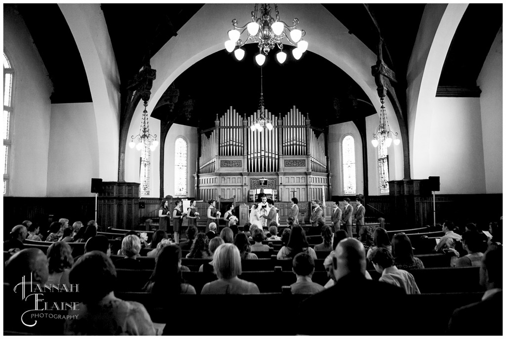 wide angle black and white shot of the wedding chapel