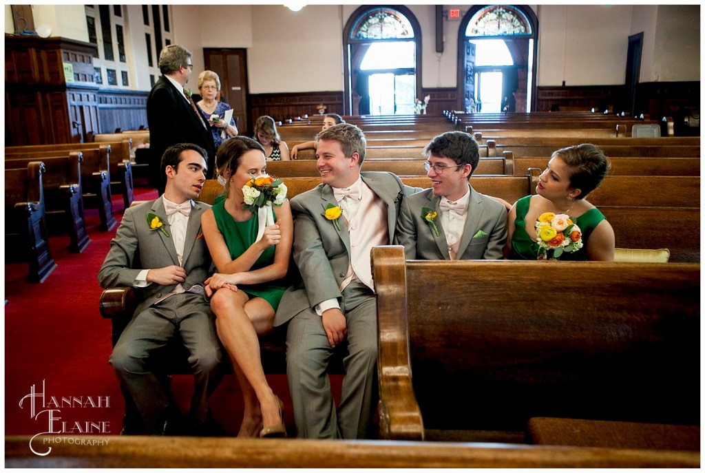 candid shot of bridal party waiting for their groups photos