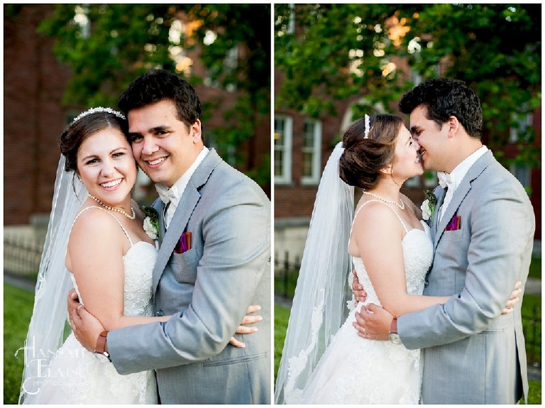 bride and groom in grey suit hold each other close