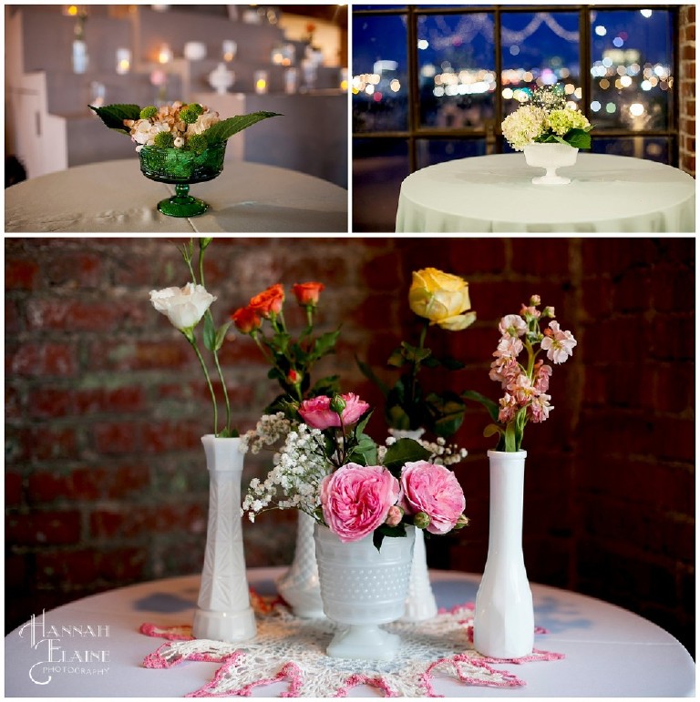 reception florals in vintage milk glass vases