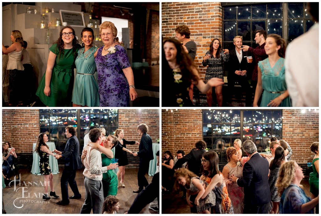 a series of four images of guests dancing at the reception