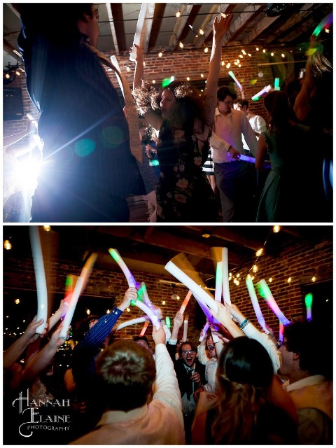 foam glow sticks light up the dance floor at a wedding