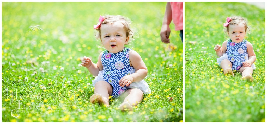 one year old girl sits in a grassy field of yellow flowers