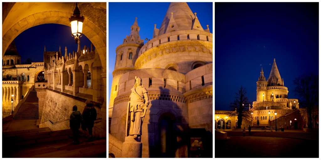 three views of fisherman's bastion at night