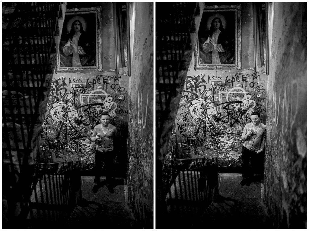 black and white images of graffitied stair case in szempla kert