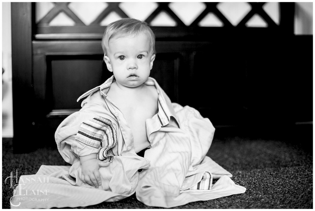 boy in his daddy's dress shirt 