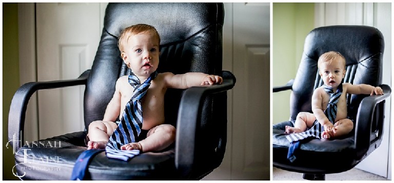 toddler in daddy's office chair and tie