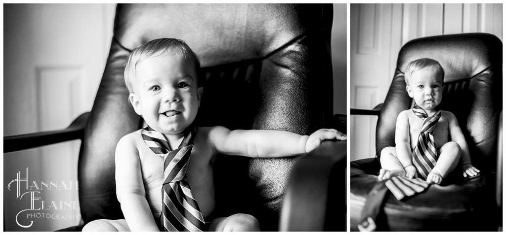 black and white images of boy dressed in daddy's work clothes