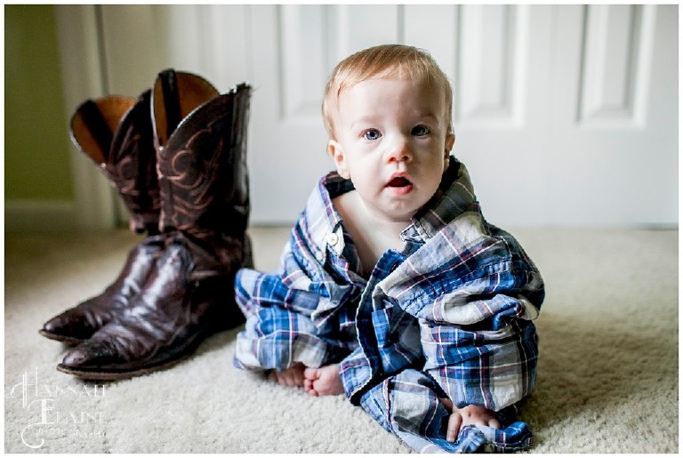 boy dressed in dad's plaid shirt with cowboy boots