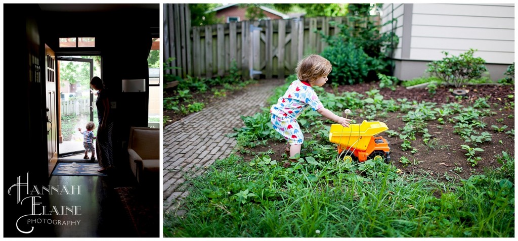 girl in pajamas plays in her back yard