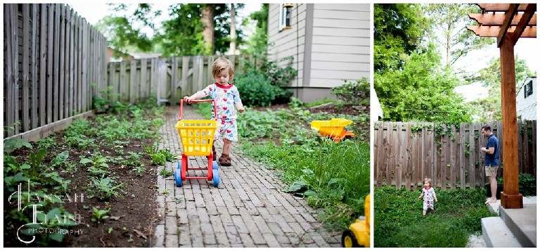 baby in pj's pushes her shopping cart up the brick sidewalk