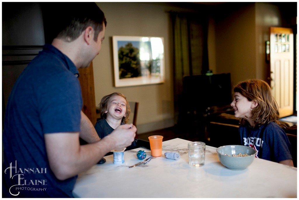 someone tells a joke at the breakfast table