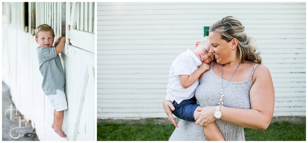 boys play at the stables and mom hugs her son