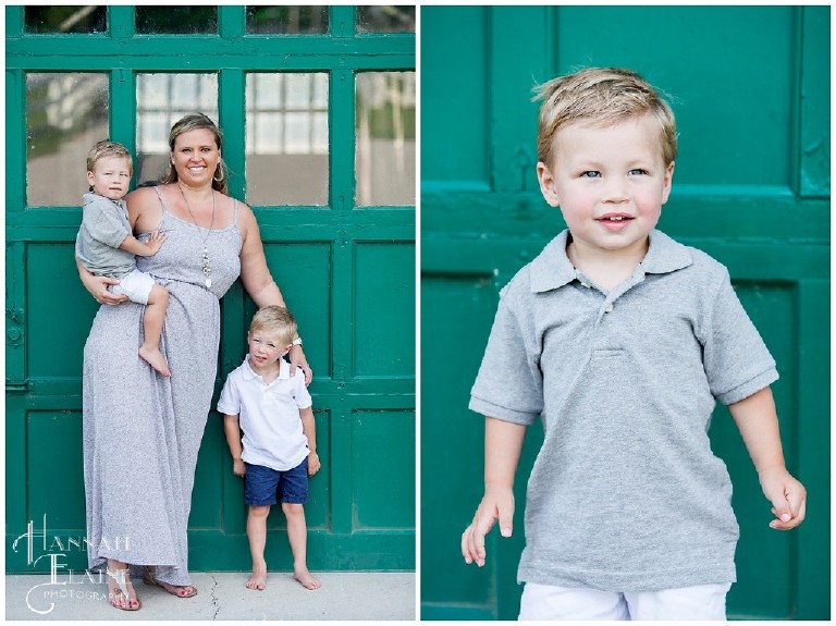 family photos in front of green barn doors