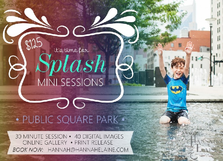 ad for summer splash mini sessions with little boy playing in water.