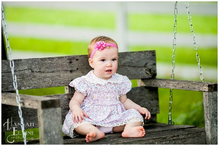 farm swing and white picket fence for baby girl photos