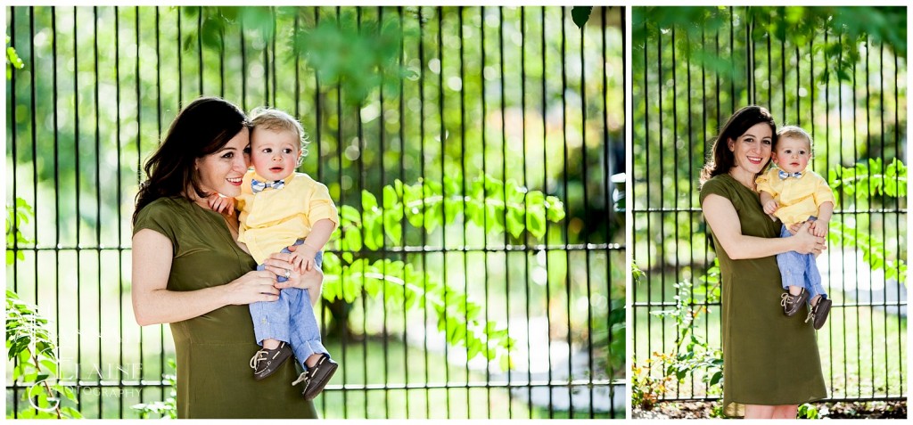 mason and momma in front of a garden gate