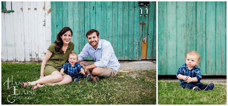 rustic green barn doors serve as backdrop for cute family photos