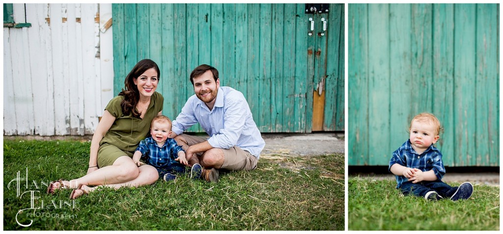 rustic green barn doors serve as backdrop for cute family photos