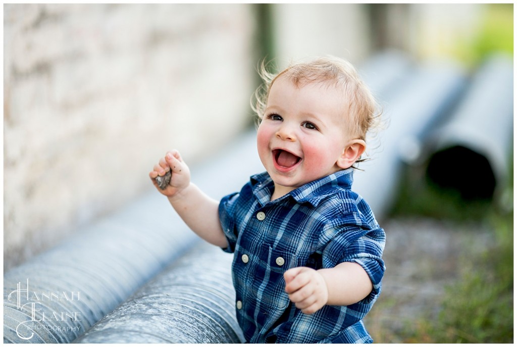 mason bangs his rocks on the pipes