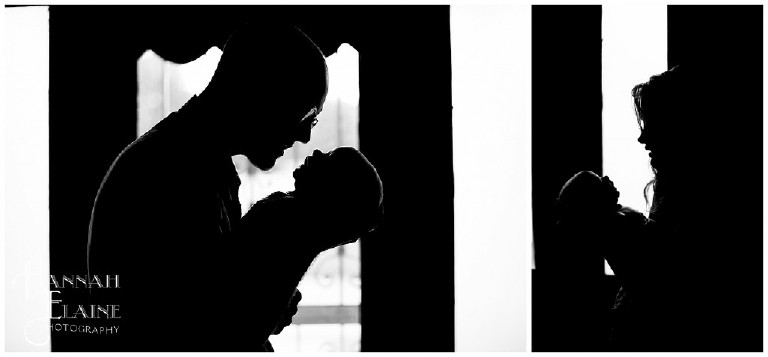 black and white silhouettes of mom and dad holding new baby
