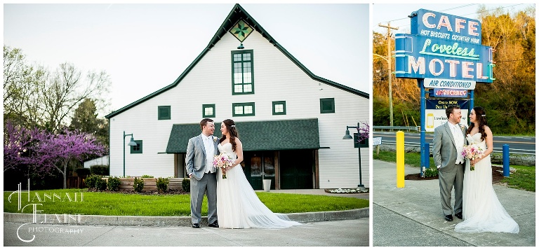 stephanie and ryan at the loveless sign and in front of the barn