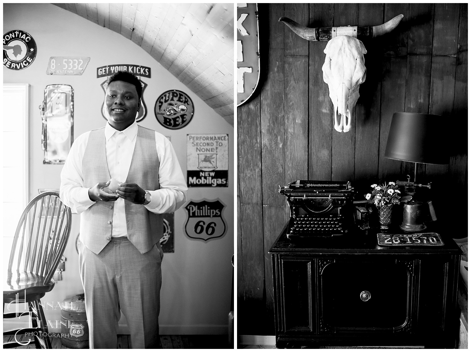 black and white image of groom getting ready