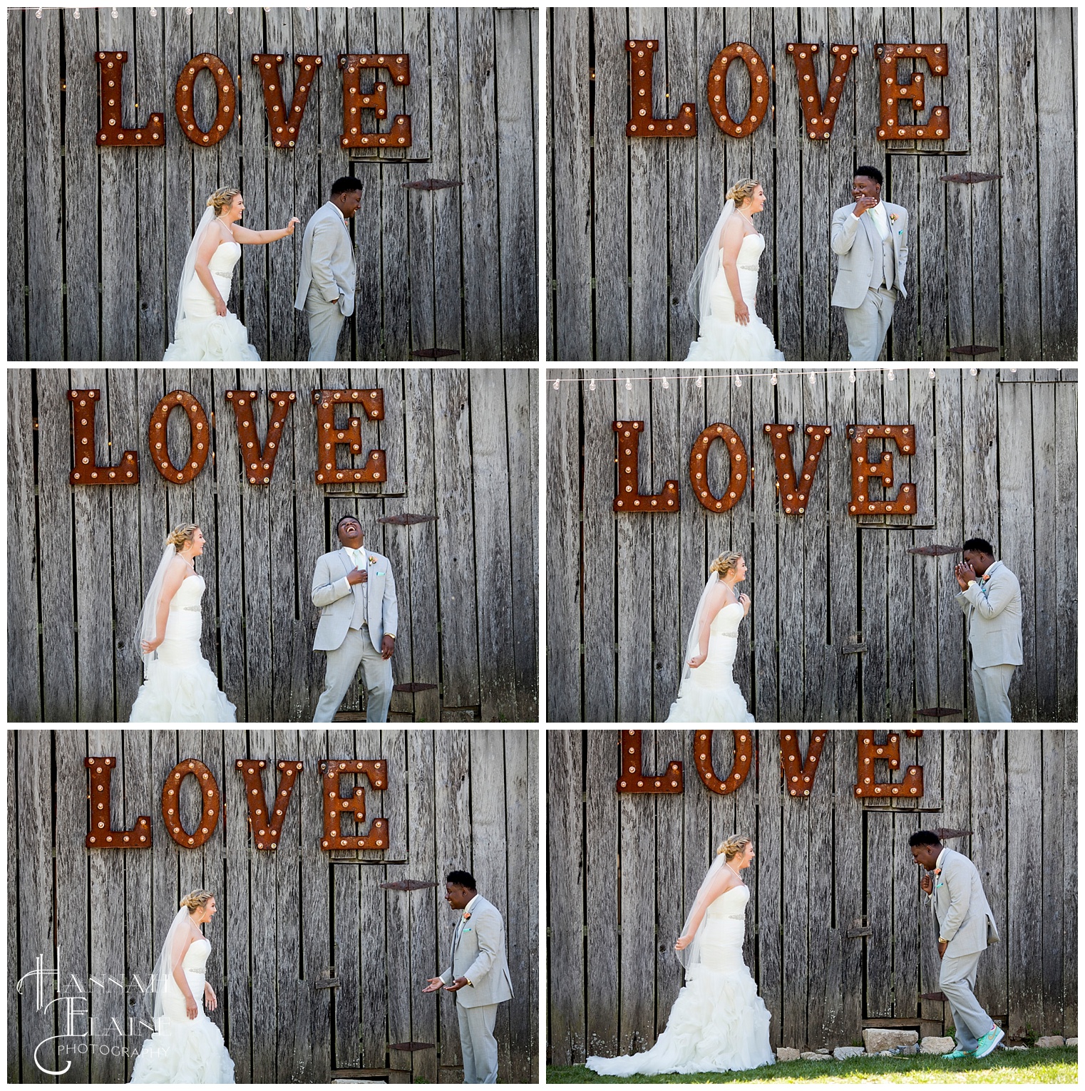 first look in front of love marquee, groom sees bride for the first time