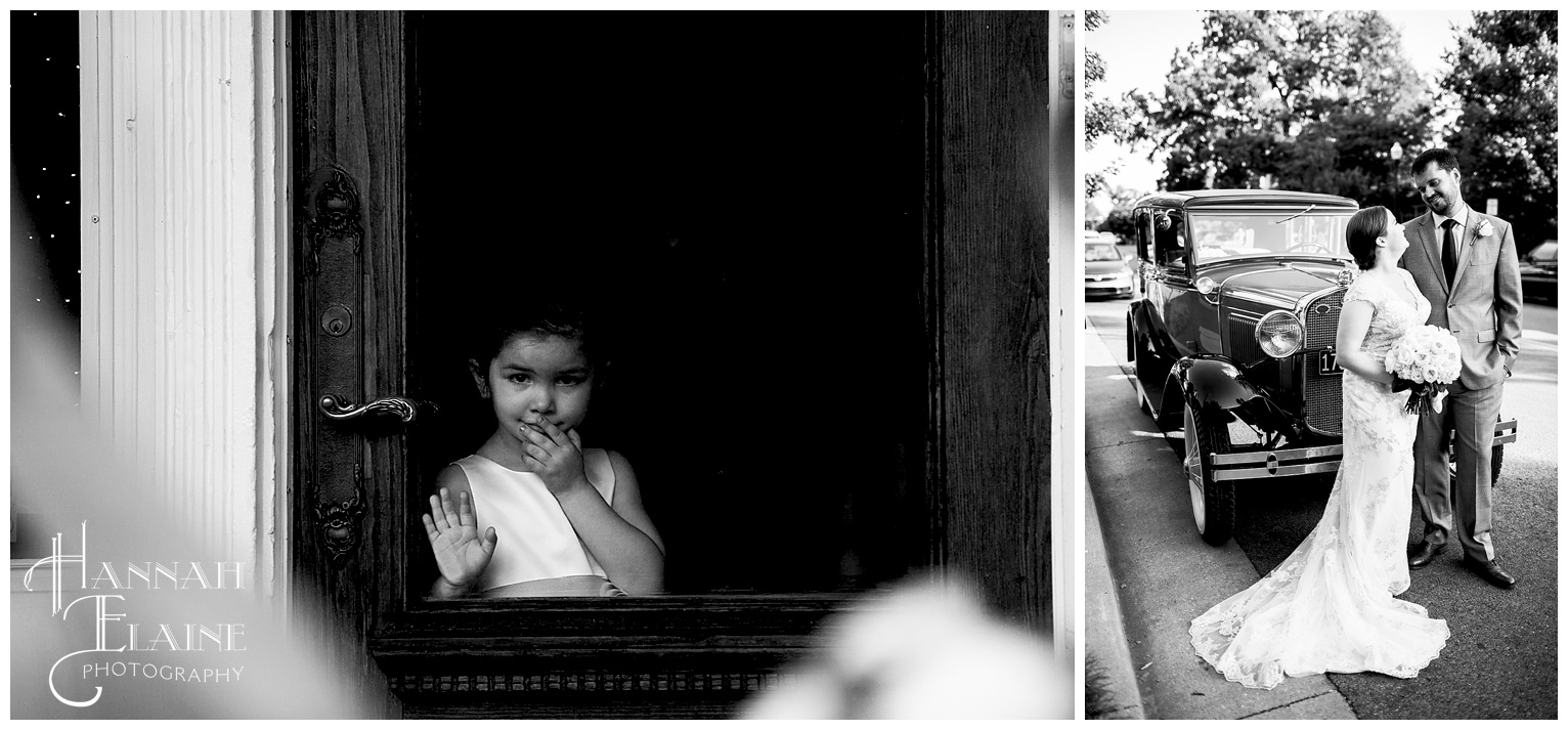 flower girl peeks out the window at the bride and groom