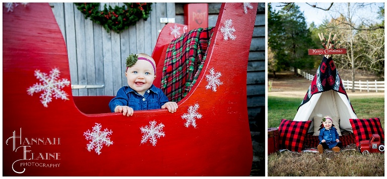 olivia plays in santa's sleigh at gravel road traditions