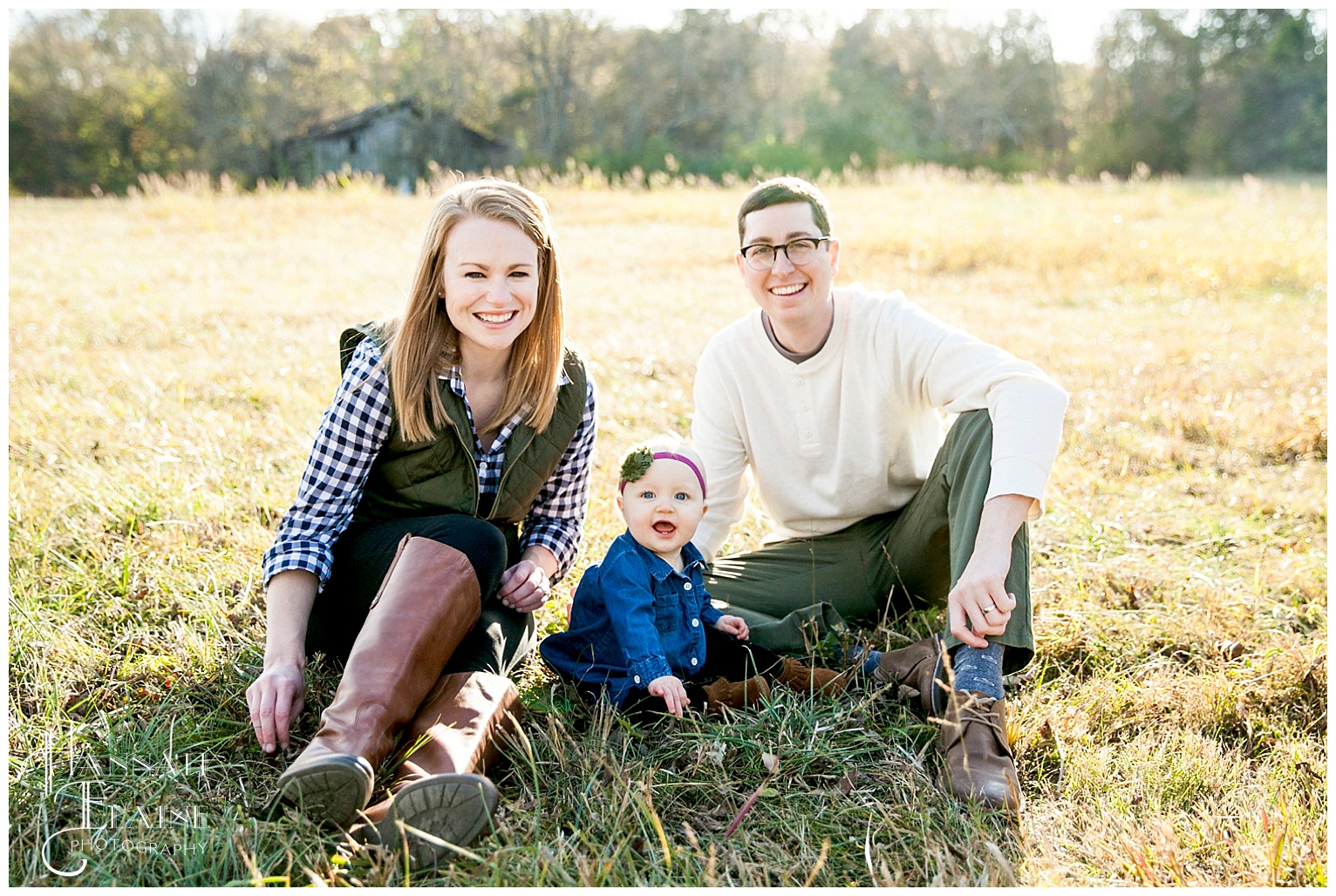 family photos in the field in front of old barn at gravel road traditions