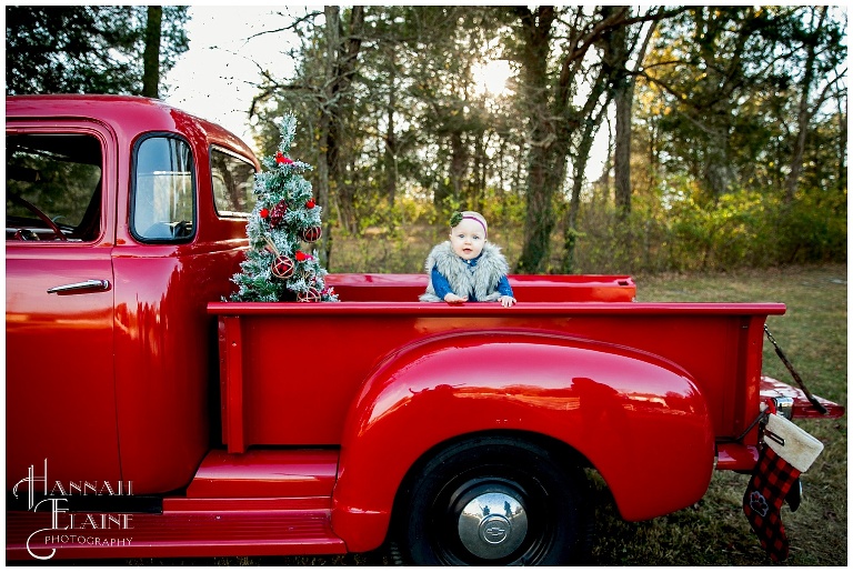 olivia plays in the vintage red truck next to christmas tree at gravel road traditions