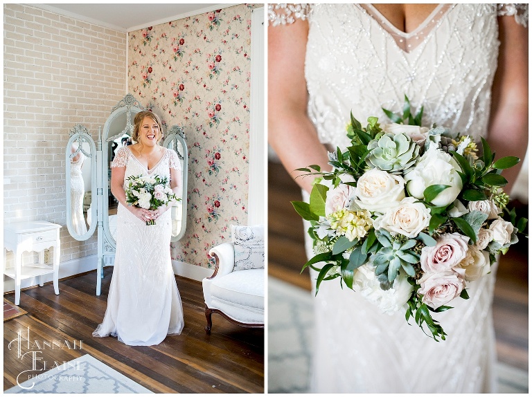 antique anthropologie wedding dress and succulent bouquet at drakewood farms