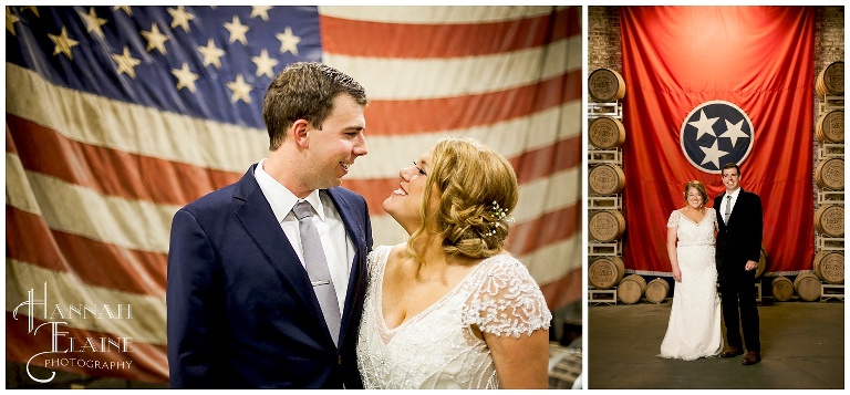 bride and groom in distillery room with american flag