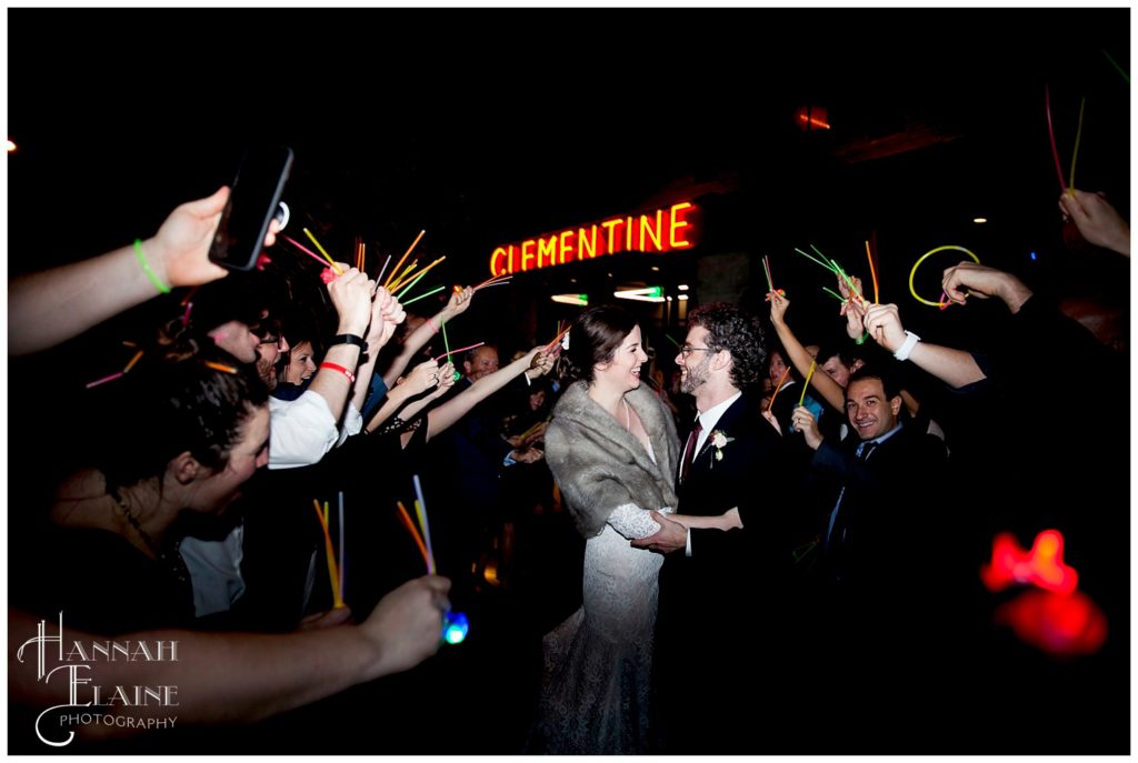 glow stick exit at wedding reception held at clementine hall wedding venue